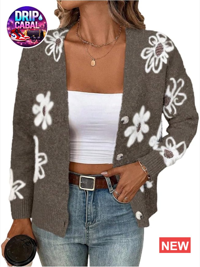 Floral Print Button Down V Neck Drop Shoulder Long Sleeve Knit Cardigan Sweater